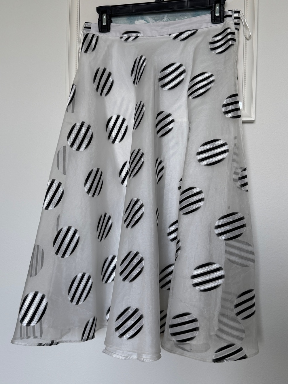 White Sheer A-Line Skirt with Black Striped Polka Dots